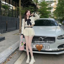 Sét crop dạ túi nắp viền thắt nơ cổ + chân váy xếp ly kèm nịt - VD5871