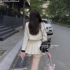 Sét crop dạ túi nắp viền thắt nơ cổ + chân váy xếp ly kèm nịt - VD5871