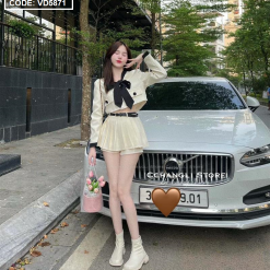 Sét crop dạ túi nắp viền thắt nơ cổ + chân váy xếp ly kèm nịt - VD5871