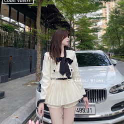 Sét crop dạ túi nắp viền thắt nơ cổ + chân váy xếp ly kèm nịt - VD5871