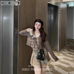 Sét khoác nâu + ống caro tà nhọn + chân váy xếp ly - VD5873