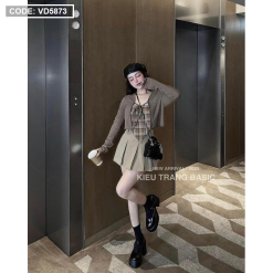 Sét khoác nâu + ống caro tà nhọn + chân váy xếp ly - VD5873