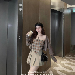 Sét khoác nâu + ống caro tà nhọn + chân váy xếp ly - VD5873
