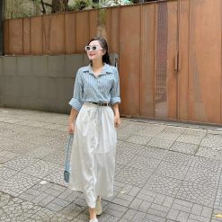 Sét sơ mi kẻ xanh + chân váy kaki midi trắng kèm nịt - VD5874