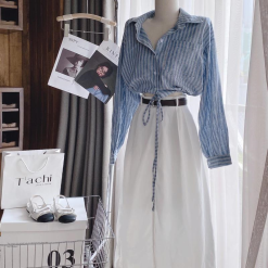 Sét sơ mi kẻ xanh + chân váy kaki midi trắng kèm nịt - VD5874