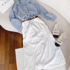 Sét sơ mi kẻ xanh + chân váy kaki midi trắng kèm nịt - VD5874