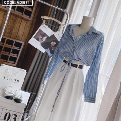 Sét sơ mi kẻ xanh + chân váy kaki midi trắng kèm nịt - VD5874