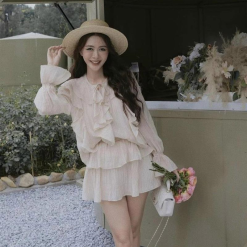 Sét áo nude viền bèo + chân váy - VD5875