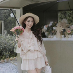 Sét áo nude viền bèo + chân váy - VD5875