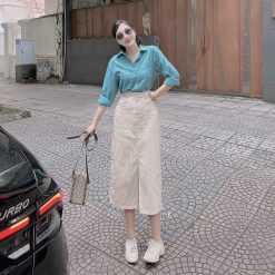 Set sơ mi xanh phối chân váy midi xẻ - VD5881