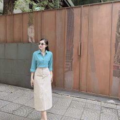 Set sơ mi xanh phối chân váy midi xẻ - VD5881
