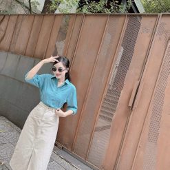 Set sơ mi xanh phối chân váy midi xẻ - VD5881