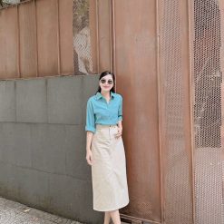 Set sơ mi xanh phối chân váy midi xẻ - VD5881
