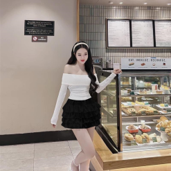 Sét trễ vai dệt kim mùa thu + chân váy tầng baby - VD5883