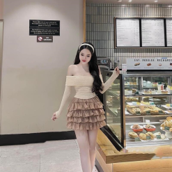 Sét trễ vai dệt kim mùa thu + chân váy tầng baby - VD5883