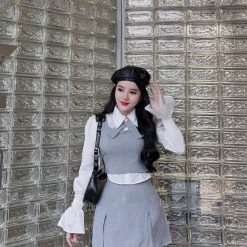 Sét 4 món áo sơ mi + khoác + chân váy + cài nơ - VD5885