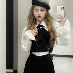 Sét 4 món áo sơ mi + khoác + chân váy + cài nơ - VD5885