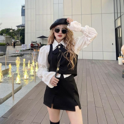 Sét 4 món áo sơ mi + khoác + chân váy + cài nơ - VD5885