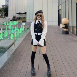 Sét 4 món áo sơ mi + khoác + chân váy + cài nơ - VD5885