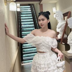 Sét ren bi trễ vai phối nút bọc + chân váy xoè tầng - VD5891