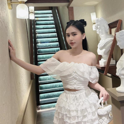 Sét ren bi trễ vai phối nút bọc + chân váy xoè tầng - VD5891