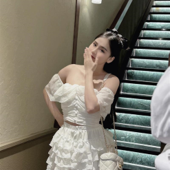 Sét ren bi trễ vai phối nút bọc + chân váy xoè tầng - VD5891