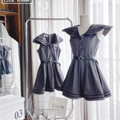 Đầm xám cổ thuỷ thủ viền xếp ly thân - VD5894