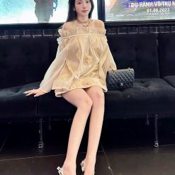 Sét voan nude trễ vai kết hoa + chân váy - VD5895