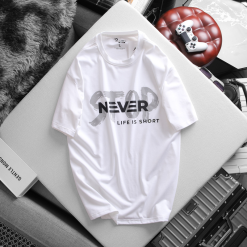 Áo Thun Nam Cổ Tròn Rurumen Màu Trắng In Chữ Never Big Size - AB442