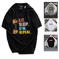 Áo Thun Nam Cổ Tròn Rurumen Màu Đen In Chữ Eat Sleep Big Size - AB445