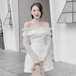 Đầm ren ngôi sao bẹt vai phối tơ xếp ly - VD5899