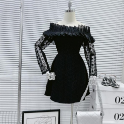 Đầm ren ngôi sao bẹt vai phối tơ xếp ly - VD5899