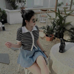 Sét pull sọc cổ polo viền + chân váy jean xoè - VD5901