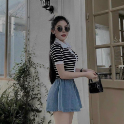 Sét pull sọc cổ polo viền + chân váy jean xoè - VD5901