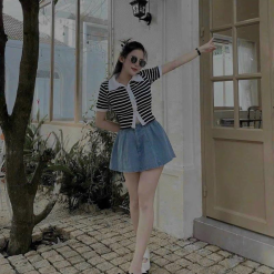 Sét pull sọc cổ polo viền + chân váy jean xoè - VD5901