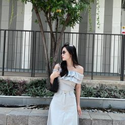 Sét crop kaki bèo trễ vai + chân váy midi kaki - VD5902