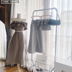 Sét crop kaki bèo trễ vai + chân váy midi kaki - VD5902