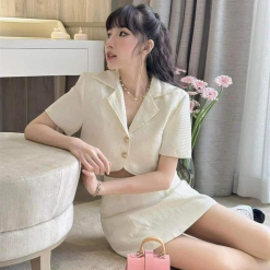 Sét crop dạ cổ vest + chân váy 2 màu - VD5903