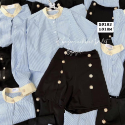 Sét sơ mi kẻ xanh viền trắng + short đính nút - VD5904