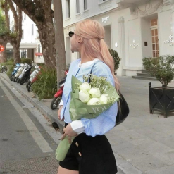 Sét sơ mi kẻ xanh viền trắng + short đính nút - VD5904