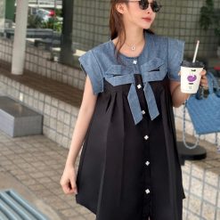 Đầm đen phối cổ jean thắt nơ - VD5905