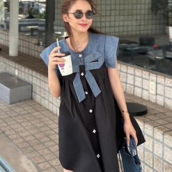 Đầm đen phối cổ jean thắt nơ - VD5905