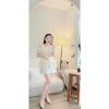 Sét áo hoa trễ vai xếp bo eo + chân váy trắng - VD5907