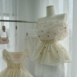 Sét áo hoa trễ vai xếp bo eo + chân váy trắng - VD5907