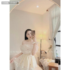 Sét áo hoa trễ vai xếp bo eo + chân váy trắng - VD5907