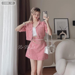 Sét crop dạ hồng túi nắp + chân váy - VD5908