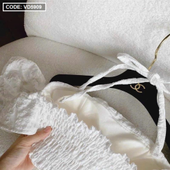 Sét gấm nổi crop trắng cổ yếm tầng bèo + chân váy - VD5909