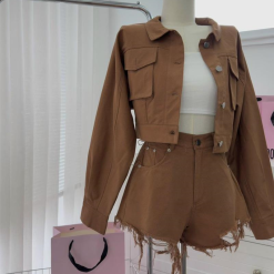 Sét 3 món jean nâu + crop 2 dây trắng + short - VD5910