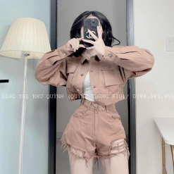 Sét 3 món jean nâu + crop 2 dây trắng + short - VD5910