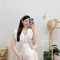 Đầm trắng gấm hoa nổi cổ thuỷ thủ đính đá nơ - VD5913